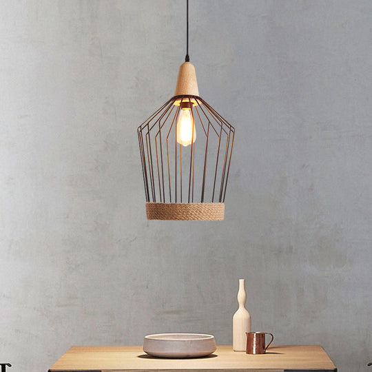 Black/White Metal & Rope Pendant Light - Country Style Tapered Suspension, Ideal for Restaurants