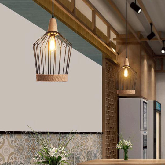 Black/White Metal & Rope Pendant Light - Country Style Tapered Suspension, Ideal for Restaurants