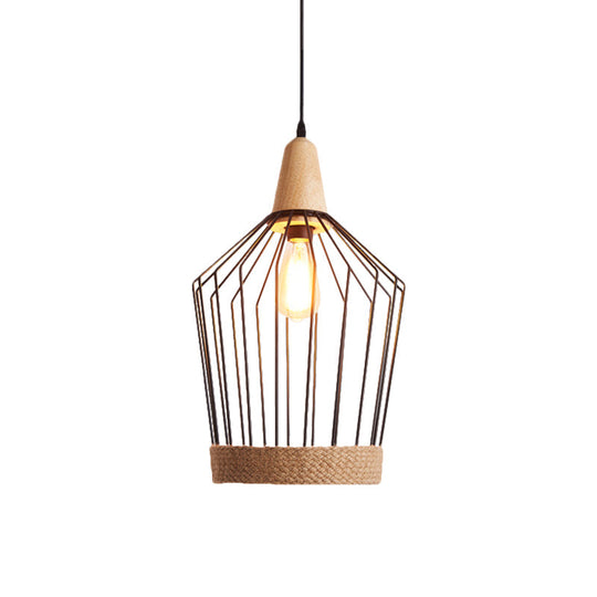 Black/White Metal & Rope Pendant Light - Country Style Tapered Suspension, Ideal for Restaurants