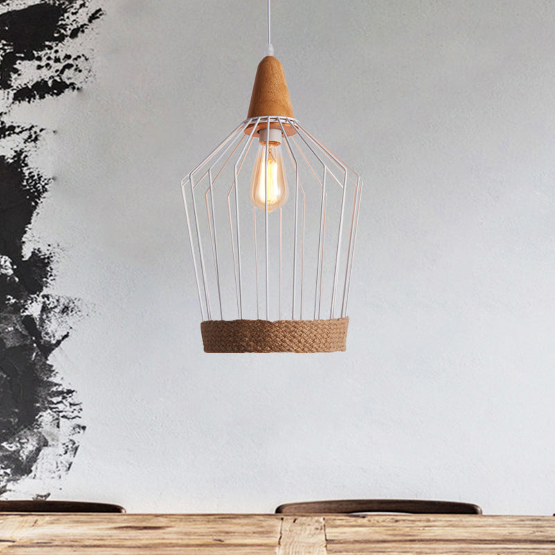 Black/White Metal & Rope Pendant Light - Country Style Tapered Suspension, Ideal for Restaurants