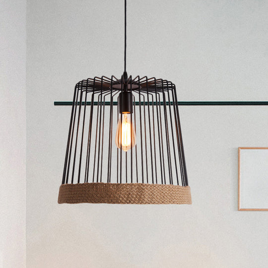 Caged Coffee Shop Suspension Lamp - Industrial Metal and Rope Pendant Light