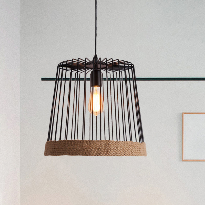 Caged Coffee Shop Suspension Lamp With Industrial Metal And Rope Shade - Black/White Pendant Light