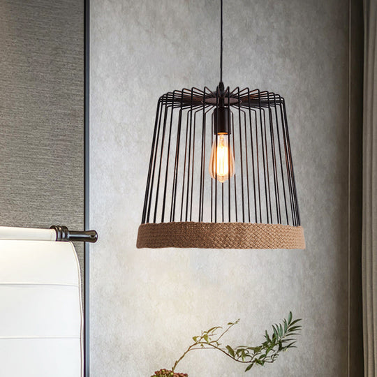 Caged Coffee Shop Suspension Lamp With Industrial Metal And Rope Shade - Black/White Pendant Light