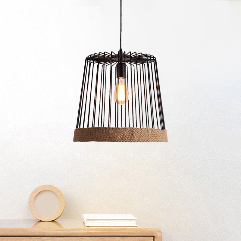 Caged Coffee Shop Suspension Lamp - Industrial Metal and Rope Pendant Light