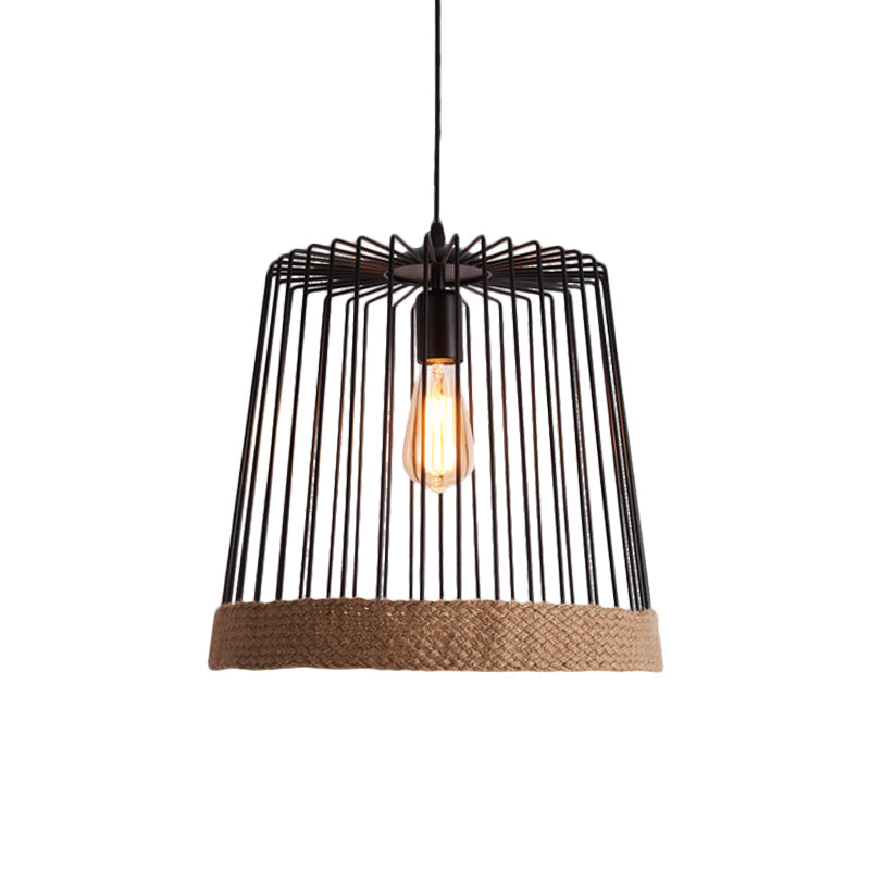 Caged Coffee Shop Suspension Lamp - Industrial Metal and Rope Pendant Light