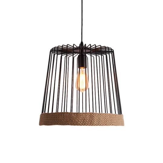 Caged Coffee Shop Suspension Lamp With Industrial Metal And Rope Shade - Black/White Pendant Light