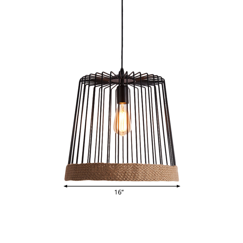 Caged Coffee Shop Suspension Lamp - Industrial Metal and Rope Pendant Light