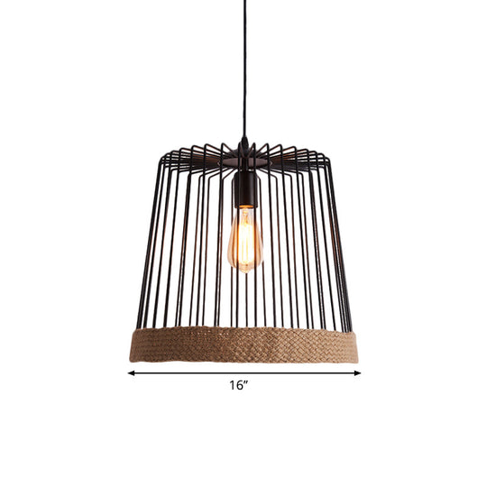 Caged Coffee Shop Suspension Lamp With Industrial Metal And Rope Shade - Black/White Pendant Light