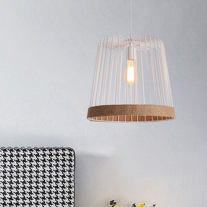 Caged Coffee Shop Suspension Lamp With Industrial Metal And Rope Shade - Black/White Pendant Light