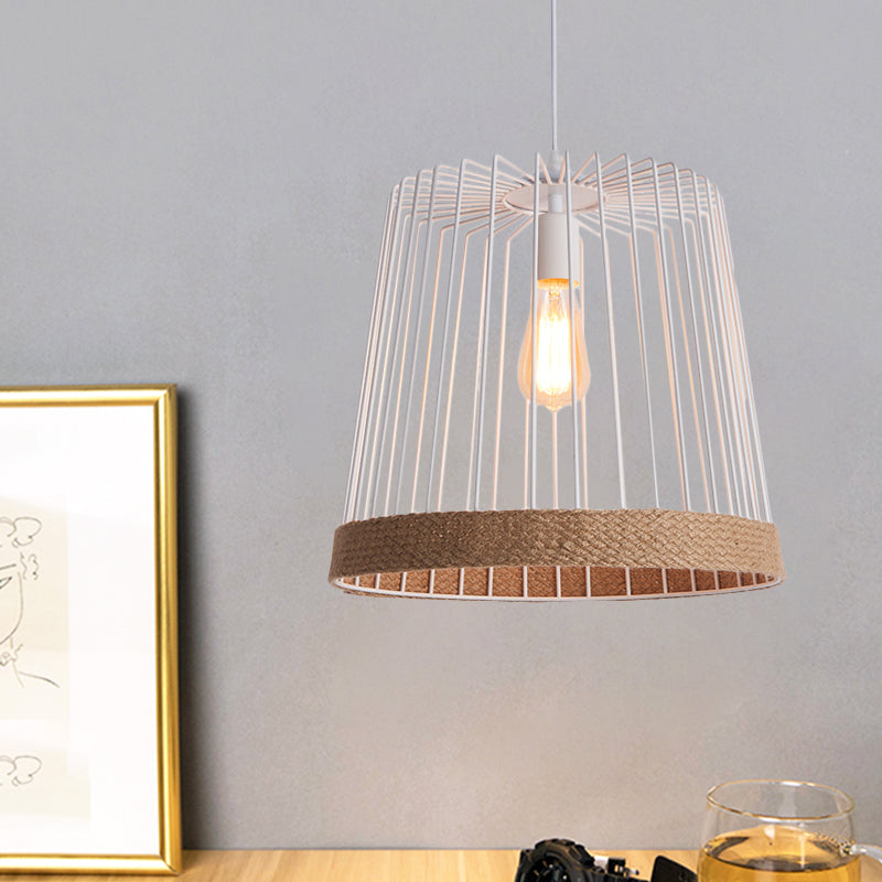 Caged Coffee Shop Suspension Lamp With Industrial Metal And Rope Shade - Black/White Pendant Light