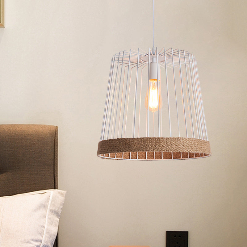 Caged Coffee Shop Suspension Lamp - Industrial Metal and Rope Pendant Light