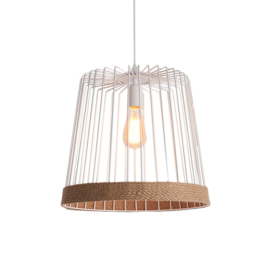 Caged Coffee Shop Suspension Lamp - Industrial Metal and Rope Pendant Light