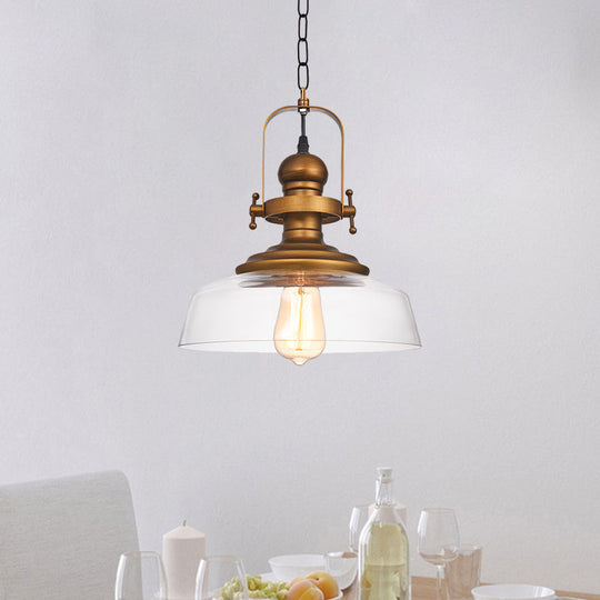 1-Light Clear Glass Dome Pendant Light Fixture - Factory Brass Look - Ideal for Coffee Shop