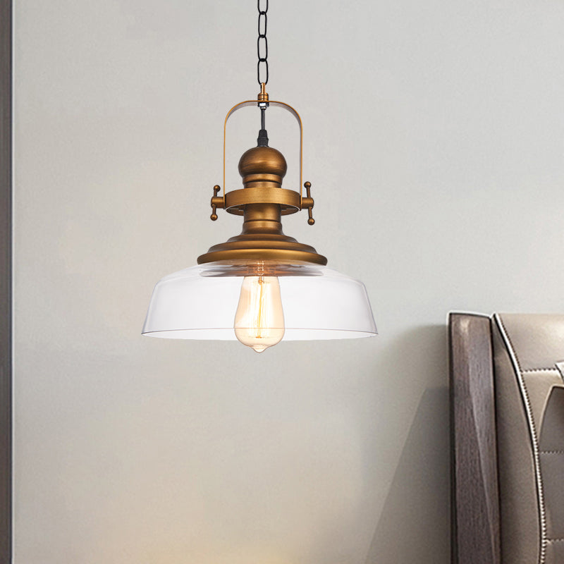 1-Light Clear Glass Dome Pendant Light Fixture - Factory Brass Look - Ideal for Coffee Shop