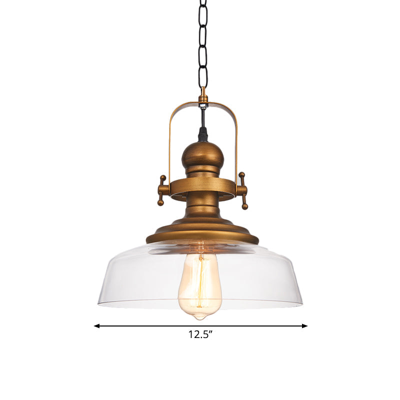 1-Light Clear Glass Dome Pendant Light Fixture - Factory Brass Look - Ideal for Coffee Shop