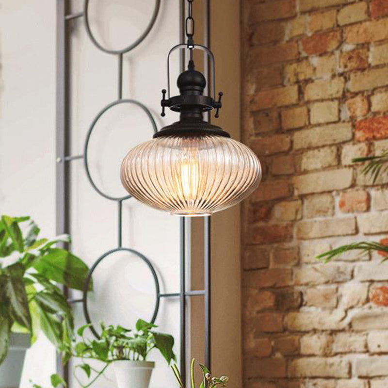 Industrial Striped Glass Ceiling Light with Black Cylinder/Oval Design - 1 Light Pendant Lighting Fixture for Living Room