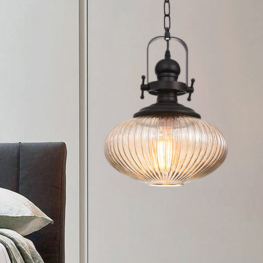 Industrial Striped Glass Ceiling Light with Black Cylinder/Oval Design - 1 Light Pendant Lighting Fixture for Living Room