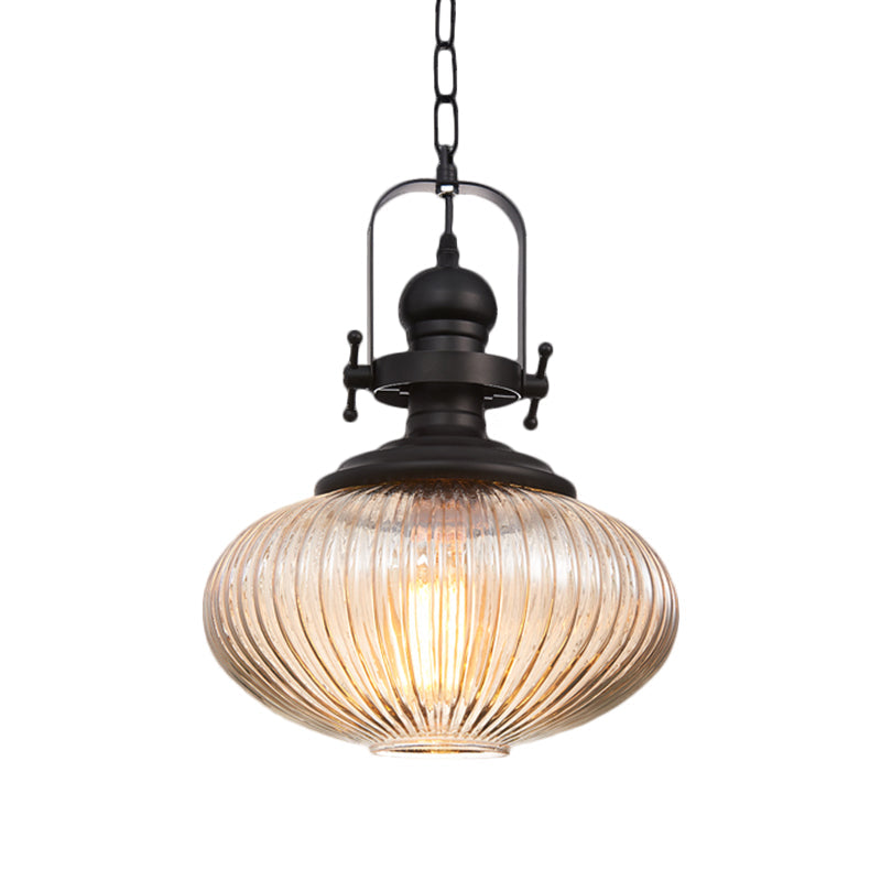 Industrial Striped Glass Ceiling Light with Black Cylinder/Oval Design - 1 Light Pendant Lighting Fixture for Living Room