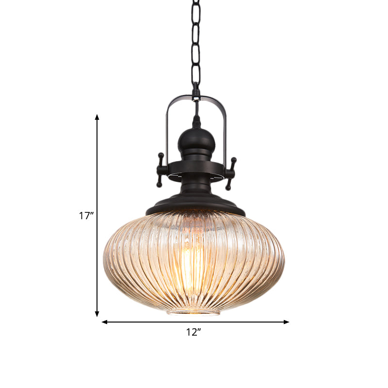 Industrial Striped Glass Ceiling Light with Black Cylinder/Oval Design - 1 Light Pendant Lighting Fixture for Living Room