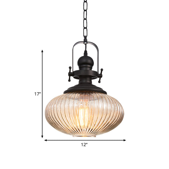 Industrial Striped Glass Ceiling Pendant Light For Living Room - Black Cylinder/Oval Shape 1-Light