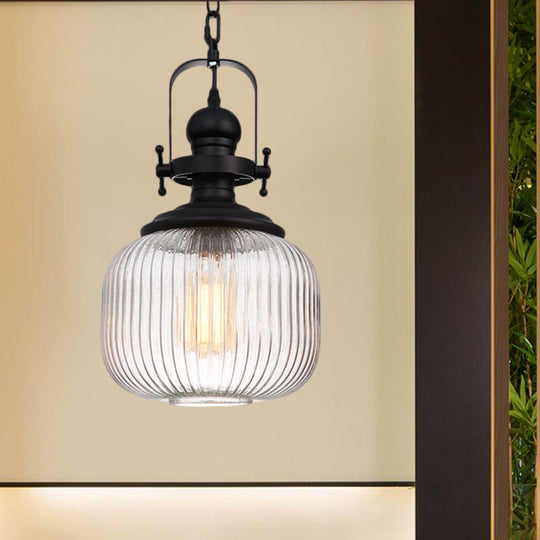 Industrial Striped Glass Ceiling Light with Black Cylinder/Oval Design - 1 Light Pendant Lighting Fixture for Living Room