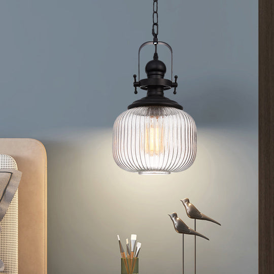 Industrial Striped Glass Ceiling Light with Black Cylinder/Oval Design - 1 Light Pendant Lighting Fixture for Living Room