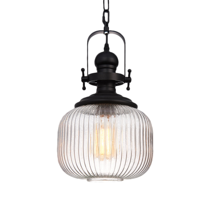 Industrial Striped Glass Ceiling Light with Black Cylinder/Oval Design - 1 Light Pendant Lighting Fixture for Living Room