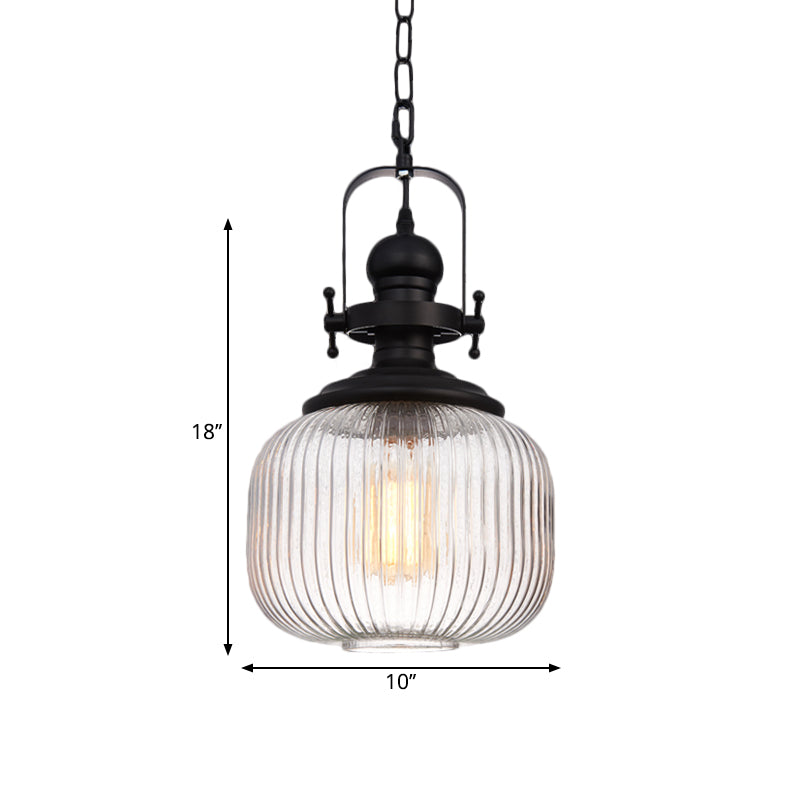 Industrial Striped Glass Ceiling Light with Black Cylinder/Oval Design - 1 Light Pendant Lighting Fixture for Living Room