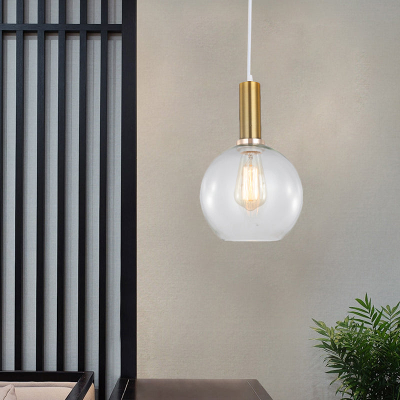 Industrial Brass Pendant Light With Clear Glass Shade Single-Bulb Orb/Barn/Dome Design