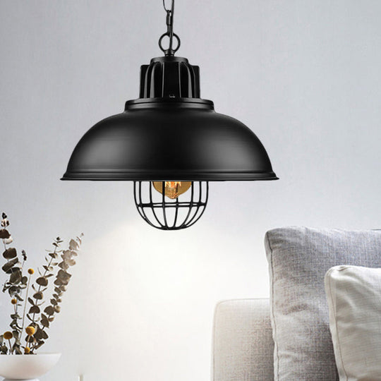 Vintage Metallic Dome Hanging Lamp With Wire Cage - 1 Bulb Restaurant Light In Black/White