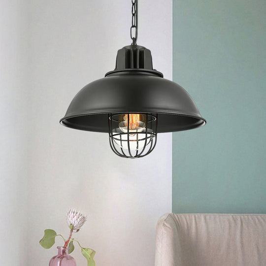 Vintage Metallic Dome Hanging Lamp With Wire Cage - 1 Bulb Restaurant Light In Black/White Matte