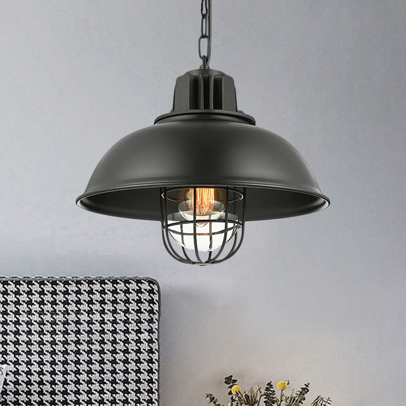 Vintage Metallic Dome Hanging Lamp With Wire Cage - 1 Bulb Restaurant Light In Black/White