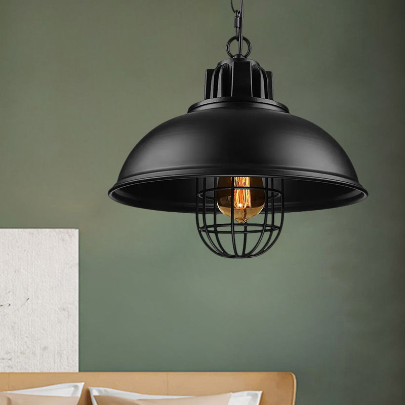 Vintage Metallic Dome Hanging Lamp With Wire Cage - 1 Bulb Restaurant Light In Black/White Black