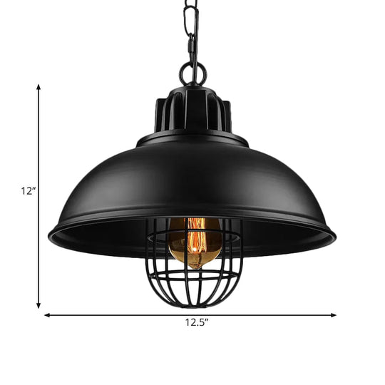 Vintage Metallic Dome Hanging Lamp With Wire Cage - 1 Bulb Restaurant Light In Black/White