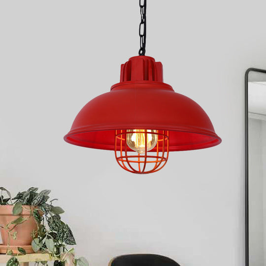 Vintage Metallic Dome Hanging Lamp With Wire Cage - 1 Bulb Restaurant Light In Black/White Red