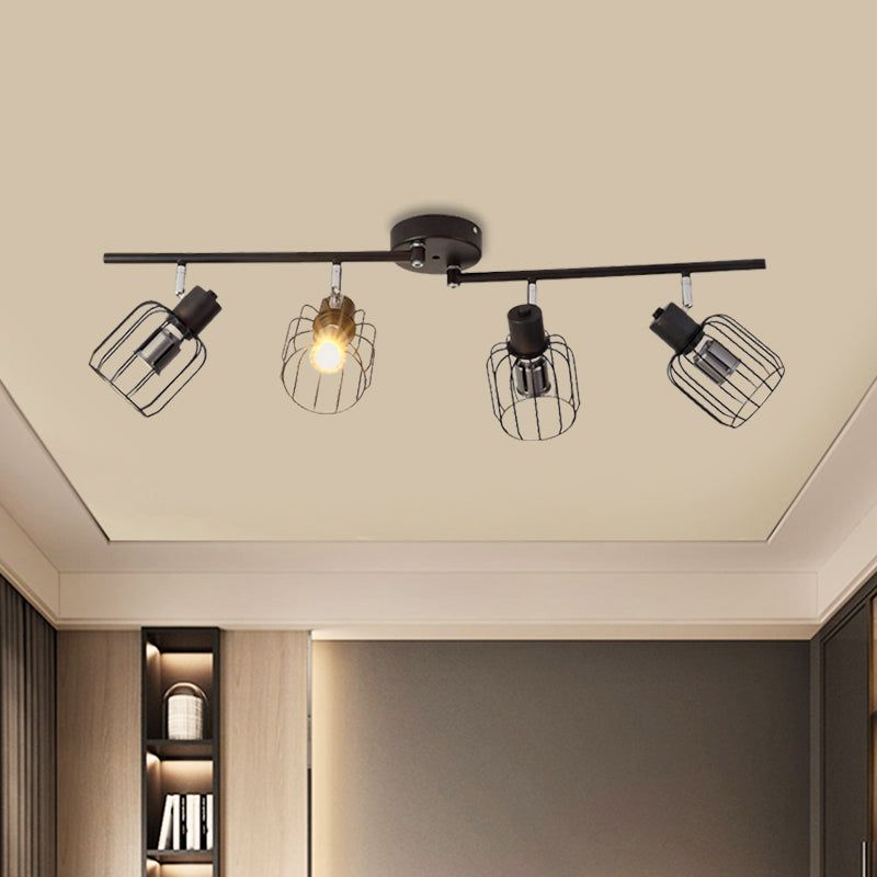 Industrial Ceiling Light With Mini Drum Cage Shade For Coffee Shop - 4 Lights Semi-Flush Iron