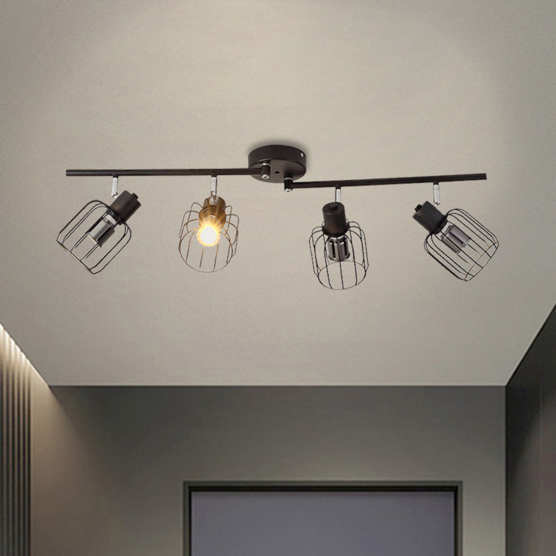 Industrial Ceiling Light With Mini Drum Cage Shade For Coffee Shop - 4 Lights Semi-Flush Iron