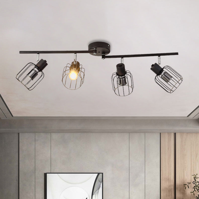 Industrial Ceiling Light with Mini Drum Cage Shade for Coffee Shop - 4 Lights Semi-Flush Iron Fixture in Black