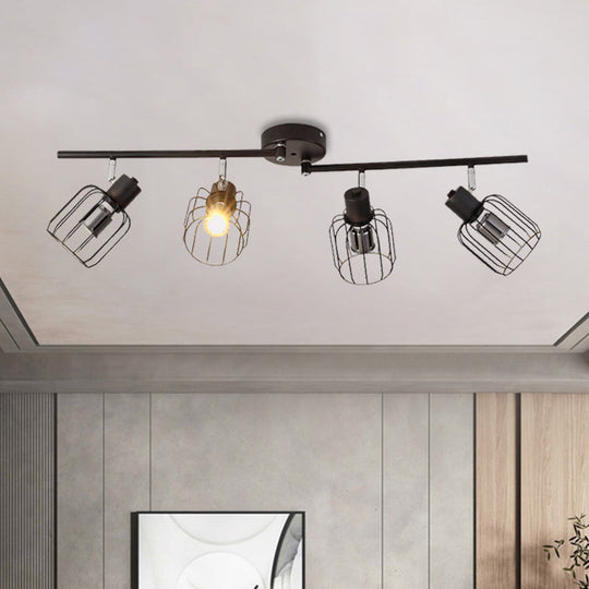 Industrial Ceiling Light With Mini Drum Cage Shade For Coffee Shop - 4 Lights Semi-Flush Iron