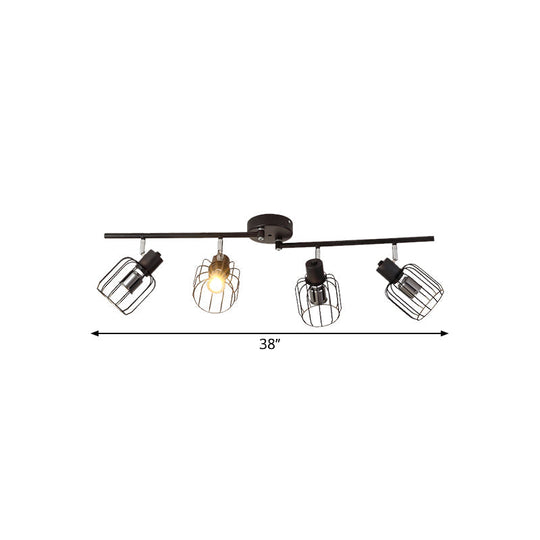 Industrial Ceiling Light with Mini Drum Cage Shade for Coffee Shop - 4 Lights Semi-Flush Iron Fixture in Black