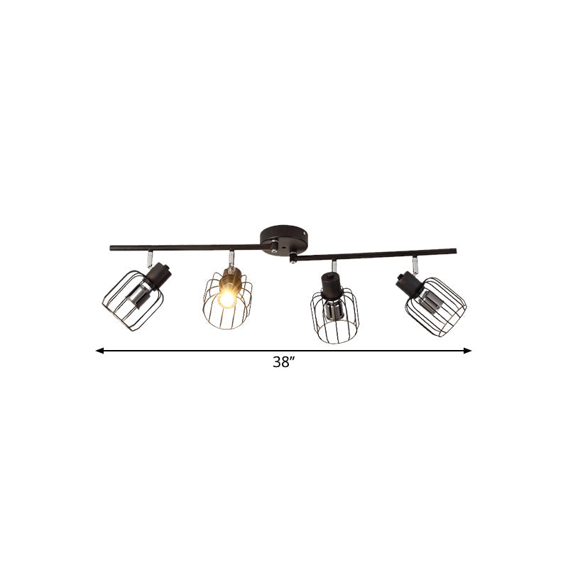 Industrial Ceiling Light With Mini Drum Cage Shade For Coffee Shop - 4 Lights Semi-Flush Iron