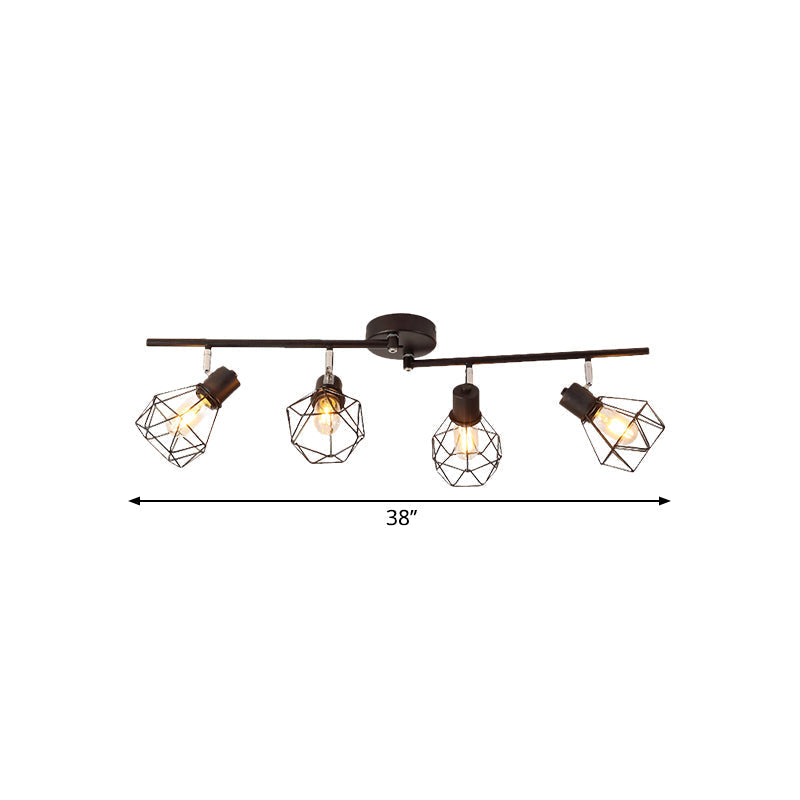 Vintage Mini Diamond Cage Ceiling Light 4-Lights Semi Flush Mount in Black for Kitchen