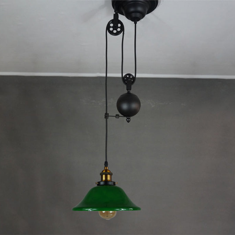 Antique Green Glass Pendant Ceiling Light With Brass Flared Fixture - Adjustable Pulley