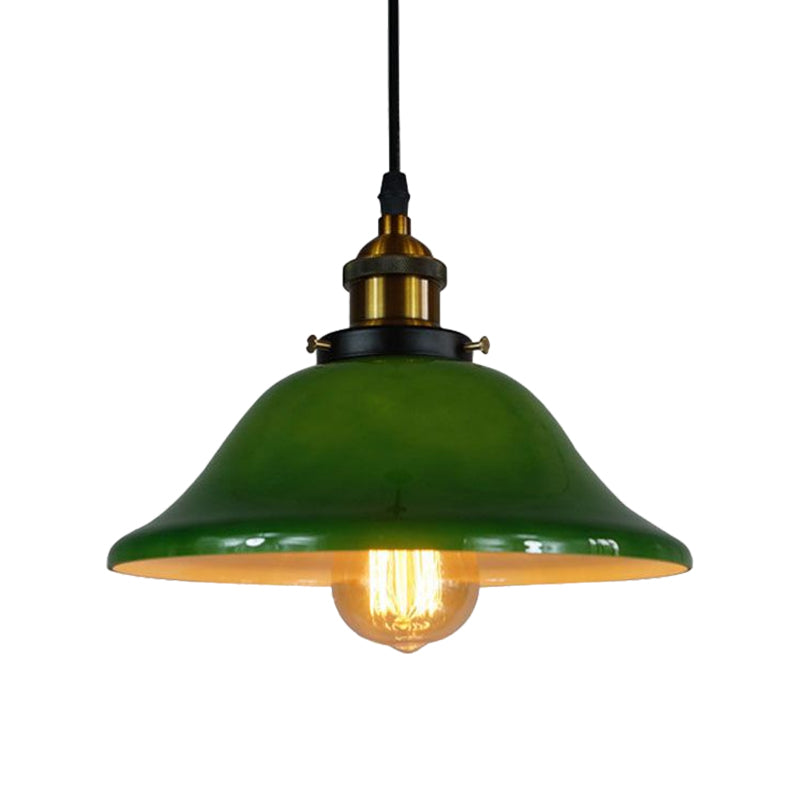 Antique Green Glass Pendant Ceiling Light With Brass Flared Fixture - Adjustable Pulley