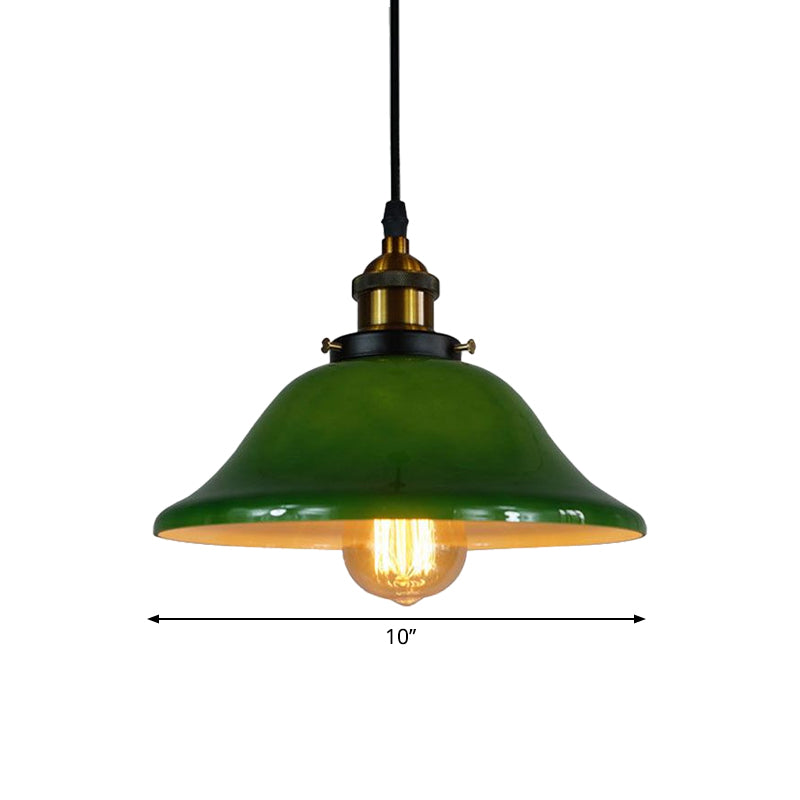 Antique Green Glass Pendant Ceiling Light With Brass Flared Fixture - Adjustable Pulley