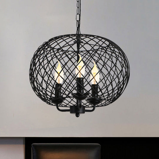 Industrial Black Mesh Drum Chandelier - 3-Bulb Hanging Lamp For Dining Room Ceiling Fixture