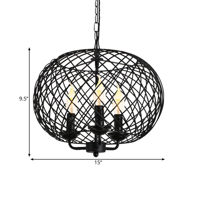 Industrial Metal Mesh Drum Shade Chandelier Lamp - Black 3-Bulb Hanging Ceiling Fixture for Dining Room