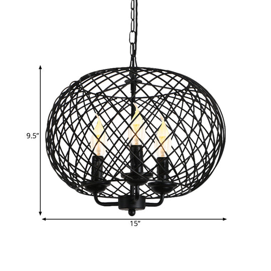 Industrial Metal Mesh Drum Shade Chandelier Lamp - Black 3-Bulb Hanging Ceiling Fixture for Dining Room