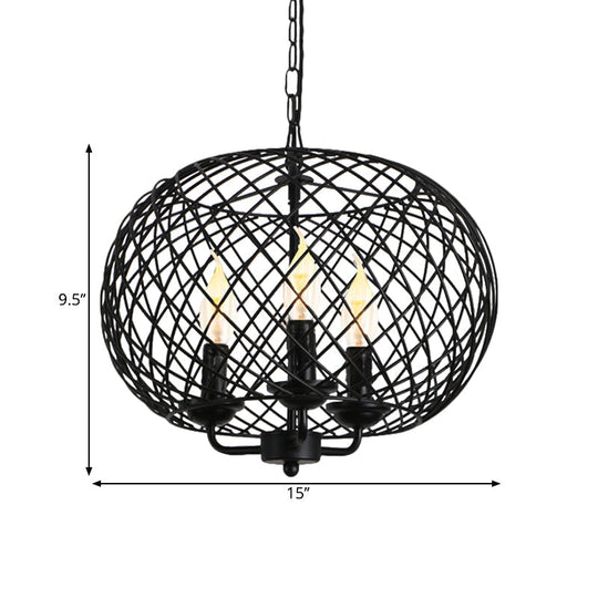 Industrial Black Mesh Drum Chandelier - 3-Bulb Hanging Lamp For Dining Room Ceiling Fixture