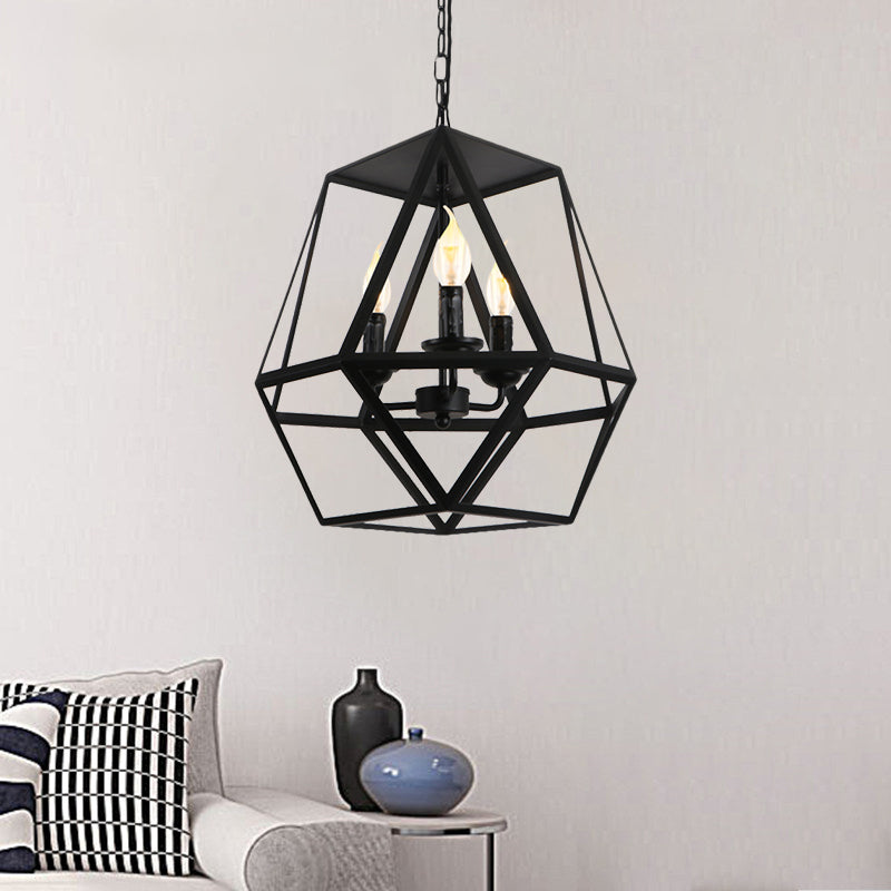 Barrel/Birdcage Chandelier Lighting - Vintage Style Pendant Light - 3 Lights - Black Metallic - Over Table